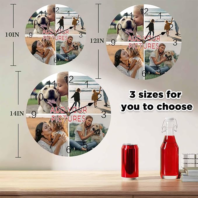 Custom 4 Picture Wall Clock, Personalized Round Clock add Your Photo for Kitchen Bedroom Living Room, Customized Christmas Valentine's Day Gift for Couples, Wife, Husband (10", 12", 14")
