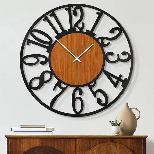 Maxstar Round Wall Clock for Living Room Decor Battery Operated Non Ticking Black Metal Wood Clocks for Home Living Room Garden Office Kitchen Decoration -16 inch