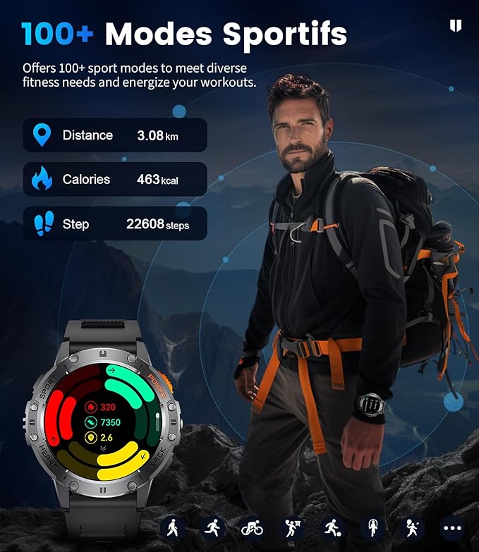 LIGE 1.43" AMOLED Smart Watch for Men with Flashlight, Bluetooth Calling, 100+ Sport Modes, 530mAh, IP68 Waterproof Fitness Tracker for Workout, iOS Android Compatible, Black Steel