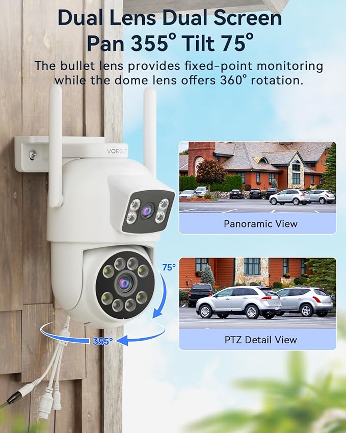 Security Camera System Wireless Outdoor with 12" Monitor, 2pcs 2K Dual Lens Cameras for Home & Business Surveillance, 360° PTZ, 2.4G/5G WiFi, Human Detection, Auto Tracking, 16CH NVR, 500G HDD
