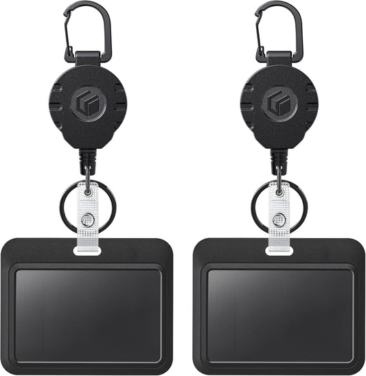 Uniclife 2 Pack Sliding Badge Holder Horizontal Hard Plastic Case with Retractable Keychain Badge Reel for up to 8 oz Card Protector for ID Credit Card Proximity Key Card Driver’s License and Pass