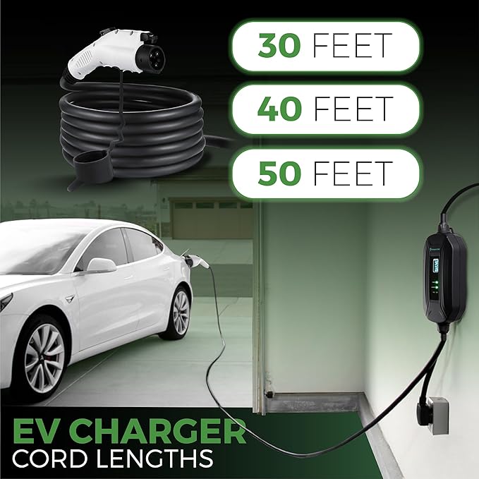 PRIMECOM Level 2 Electric Vehicle (EV) Charger (220V / 240Volt, 16Amp) Portable EVSE Smart Electric Car Charger, 30', 40', and 50 Feet Lengths (NEMA L14-30P, 30 Feet)