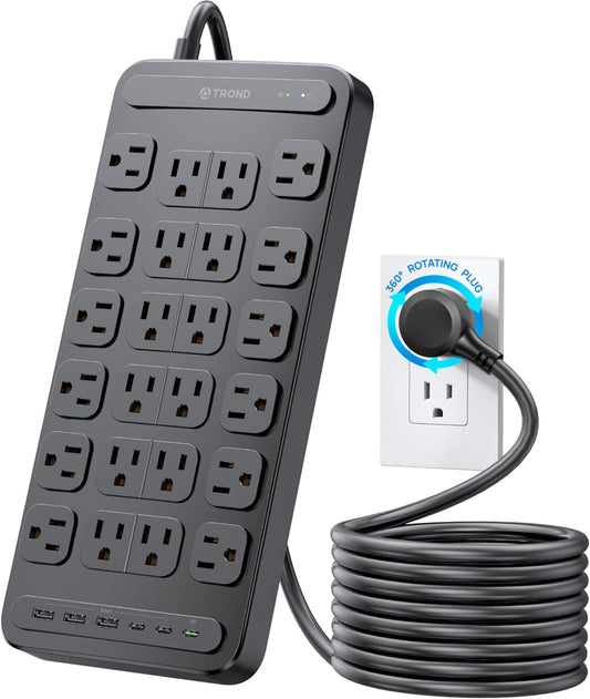 TROND Surge Protector Power Strip, 360Â° Rotating Flat Plug, 24 AC Outlets, 6 USB Ports Total 37W, 4000 Joules, ETL Listed, 6ft Heavy Duty Extension Cord 1875W for Gaming Dorm Room Essentials Black