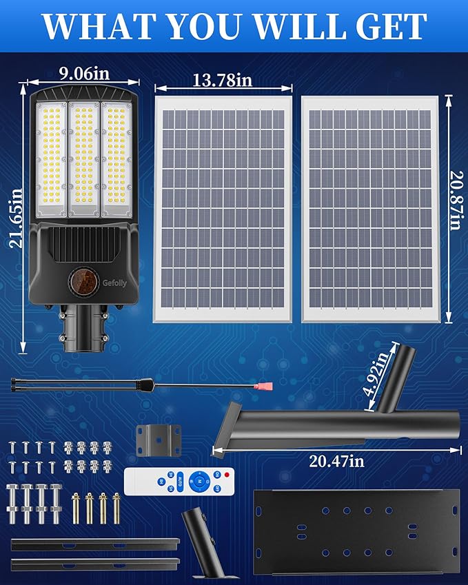 Gefolly SL-9800W Solar Street Lights Outdoor, 650000LM Commercial Parking Lot Light Dusk to Dawn IP67 Waterproof 6500K Security Flood Lights Lamp for Yard, Road, Basketball Courts