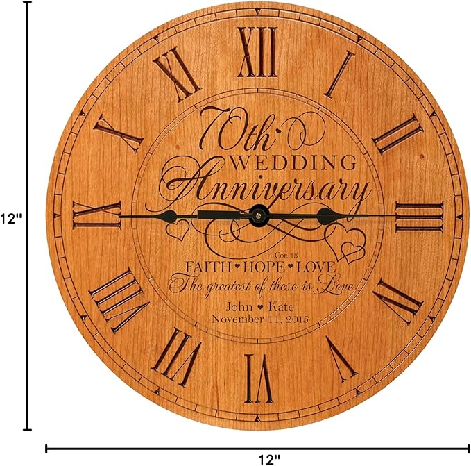 LifeSong Milestones Personalized 70th Anniversary Engraved Cherry Wall or Desktop Clock for Living Room Bedroom, Kitchen, Office, New Home, Couples Gift 12 Inch Diameter (Faith Hope Love)
