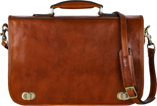 Time Resistance Leather Briefcase for Men - Italian Full Grain Leather Laptop Bag - Messenger Bag - Gift Box Included