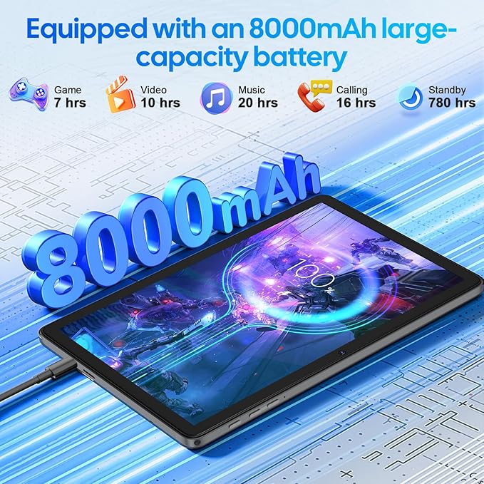 Android 15 tablet with keyboard, 26GB RAM+256GB ROM(2TB Expand), 10 inch tablet with 8000mAh Battery, 2.4G/5G WiFi, BT 5.0, 5MP+13MP Dual Camera, Gemini AI, Octa-core, Mouse, Stylus, Case(Silver Case)