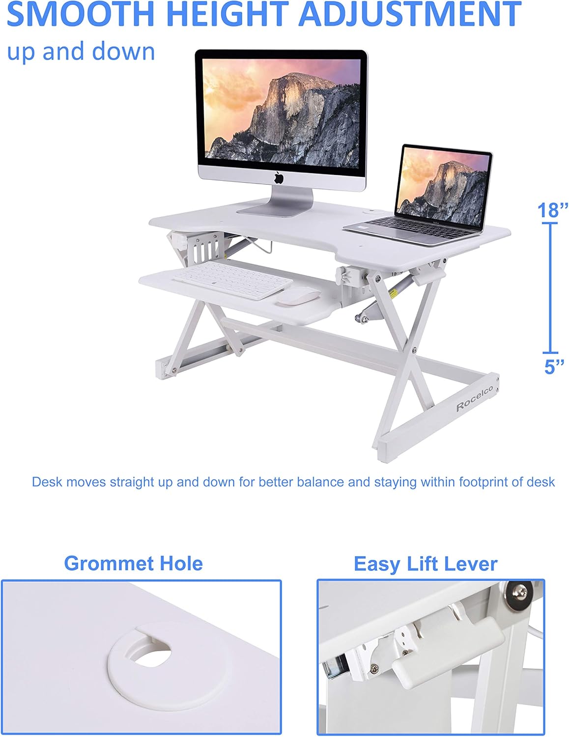 Rocelco 32" Height Adjustable Standing Desk Converter - Sit Stand Computer Workstation Riser - Dual Monitor Retractable Keyboard Tray Gas Spring Assist - Black (R EADRW)