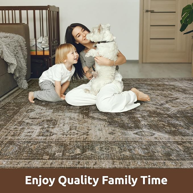 AMOAMI Area Rug - 8x10 Vintage Soft Coffee & Brown Rug for Living Room, Bedroom, Dining Room, Office - Non-Slip, Washable Carpet