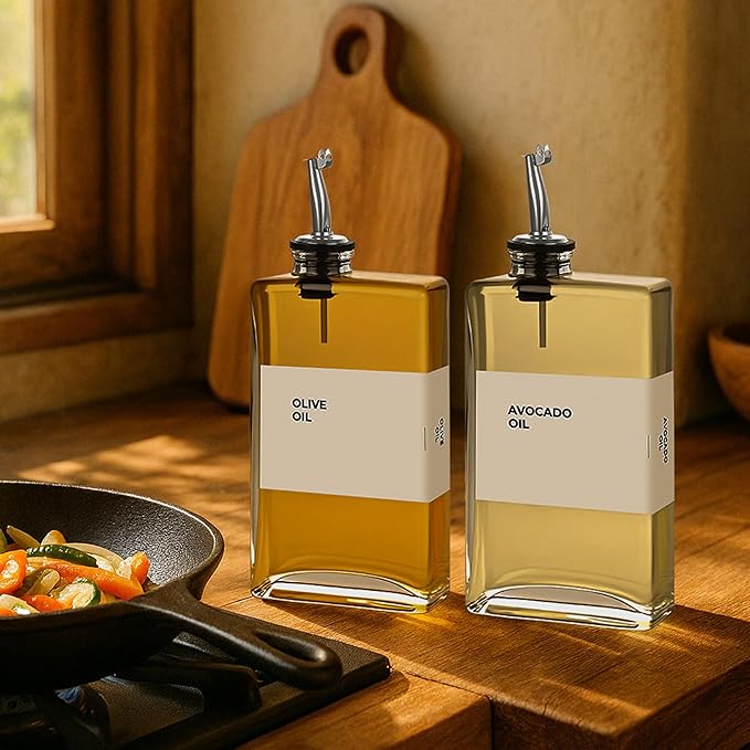 Olive Oil Dispenser Bottle - Includes 44 Kitchen Essential Labels - Cooking Oil Bottles for Kitchen, Coffee Syrup Dispenser - Pourer Spout with 11.8 fl oz Glass Container Cruet - 2pcs Silver