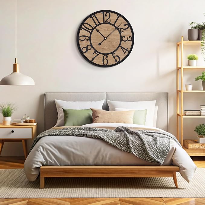 Maxstar Large Wall Clock for Living Room,Metal & Wood Silent Rustic Farmhouse Wall Clock with Arabic Numeral, Battery Operated Decorative for Bedroom Office Home Decor 20inch Black