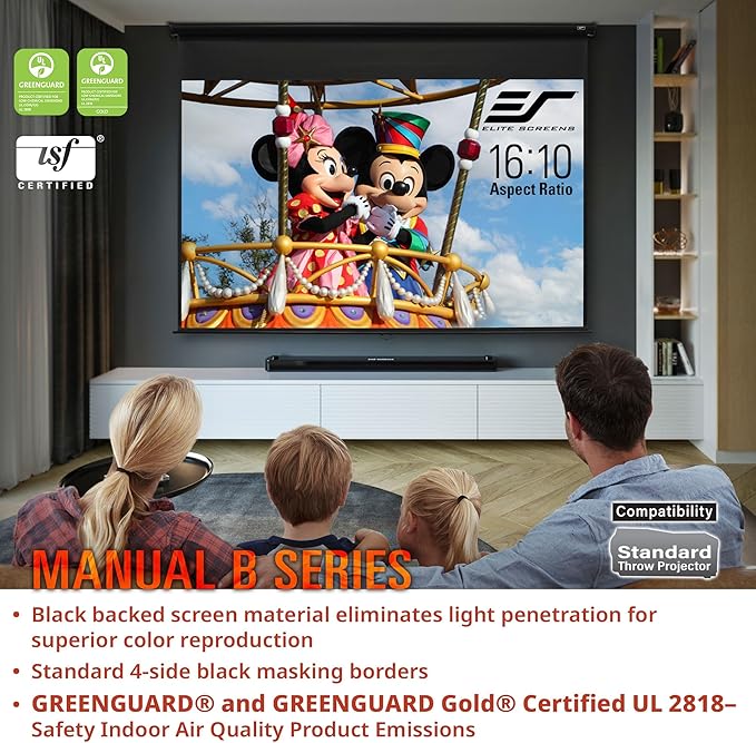 Elite Screens Manual Pull Down Projector Screen 120-INCH Home Movie Cinema Gaming Office Presentation, ISF Certified, Auto-Lock Mechanism, 4K / 8K 3D Ultra HDR HD Ready, M120H