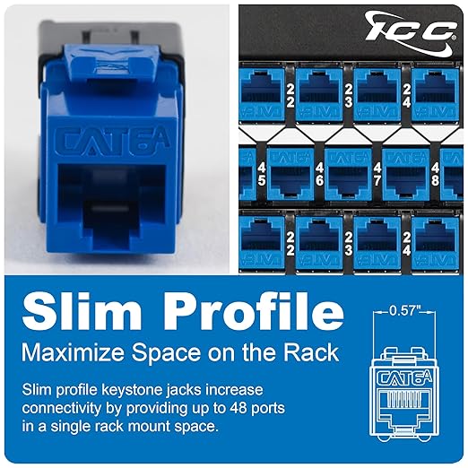 ICC CAT6A Keystone Jack with Slim Profile 180 Degree Punch Down, 10Gbps RJ45 UL Listed PoE++ TAA Compliant for Wall Plate or Patch Panel, Works with JackEasy Termination Tool, Blue