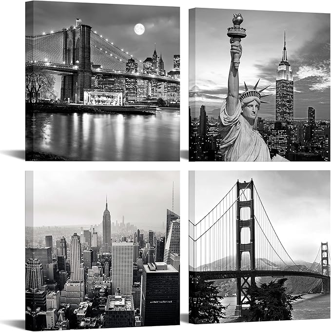 LevvArts Black and White City Wall Art Modern Brooklyn Bridge Picture Prints US Cityscape Canvas Artwork for Bedroom Home Decor