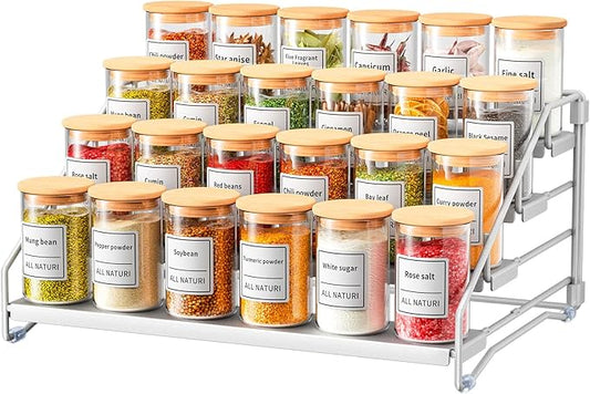 RCHYFEED 4 Tier Spice Rack Organizer, Spice Organization for Cabinet,Pantry, Countertop,Tiered Spice Rack Easy Visibility,Depth Expandable Seasoning Shelf for Kitchen Cabinet Organizer,Silver