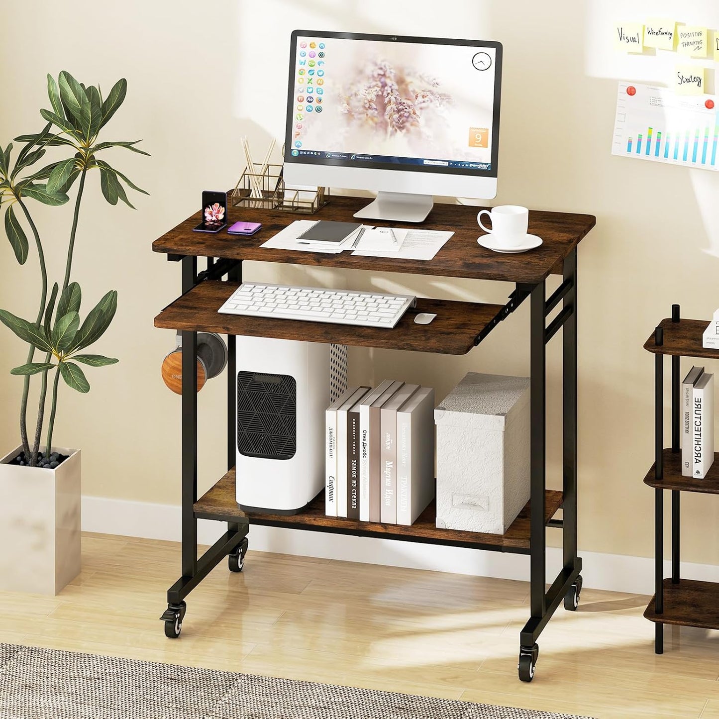 Tangkula Rolling Computer Desk Cart with Keyboard Tray, Mobile Portable Laptop PC Desk with CPU Stand & 3 Hooks for Sofa & Bed, Industrial Small Desk on Wheels for Small Spaces, Home Office Desk