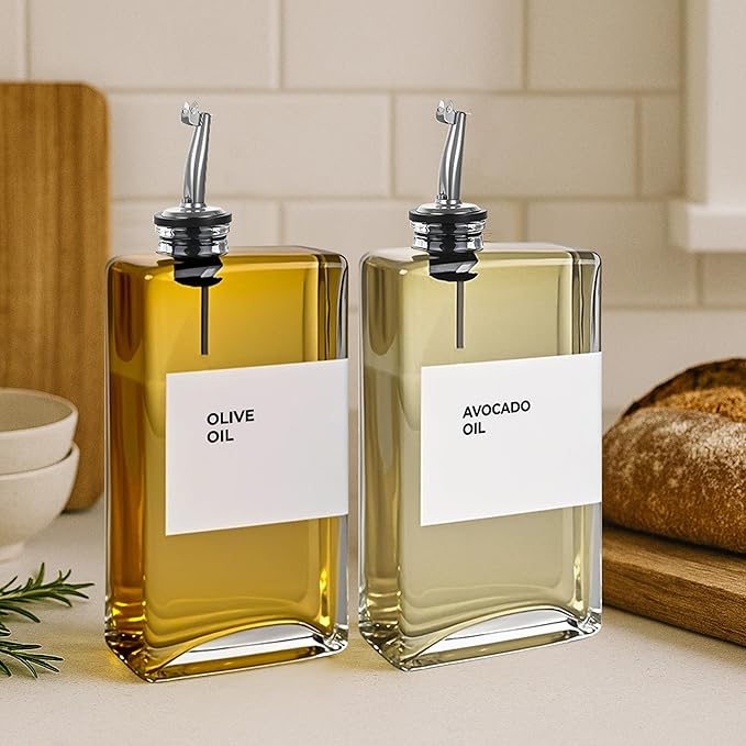 Olive Oil Dispenser Bottle - Includes 44 Kitchen Essential Labels - Cooking Oil Bottles for Kitchen, Coffee Syrup Dispenser - Pourer Spout with 11.8 fl oz Glass Container Cruet - 4pcs Silver