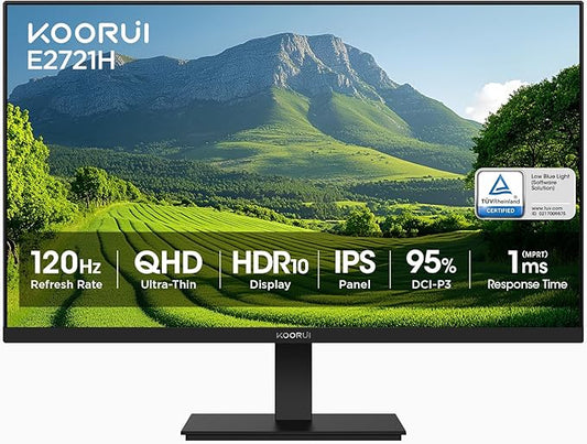 KOORUI 27 Inch QHD (2560x1440) IPS HDR Ultra-Thin Computer Gaming Monitor, 120Hz Refresh Rate, DCI-P3 95%, FreeSync & G-Sync, 1ms MPRT, VESA 100x100mm, Tilt Adjustable for Game and Work