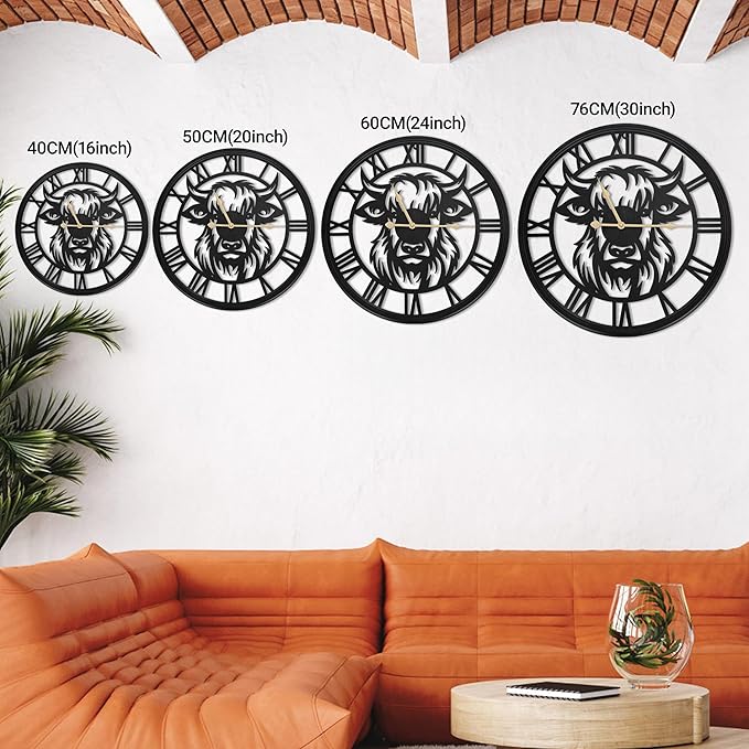 20inch Large Wall Clocks for Living Room Decor,Farmhouse Black Metal Decorative Wall Clock,Wall Clocks Battery Operated for Bedroom,Kitchen(Highland Bull Wall Clock, 20 Inch)
