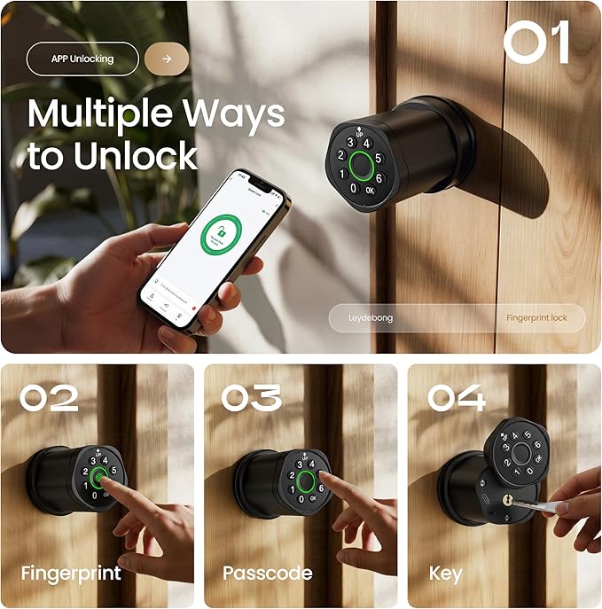 Leydebong 4-in-1 Keyless Entry Door Lock with Fingerprint and Keypad - Smart Door Knob with App Control and Mechanical Key - Easy Installation Electronic Lock for Front Door in Matte Black