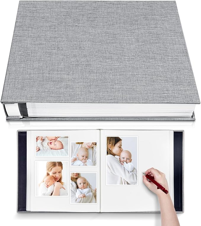 Large Photo Album Self Adhesive 4x6 5x7 6x8 8x10 Pictures Scrapbook Magnetic Album DIY Scrap Book 60 Sticky Pages Linen Cover DIY Photo Album with A Metallic Pen and DIY Accessories(Gray), 11" X 10.8" 60 Pages