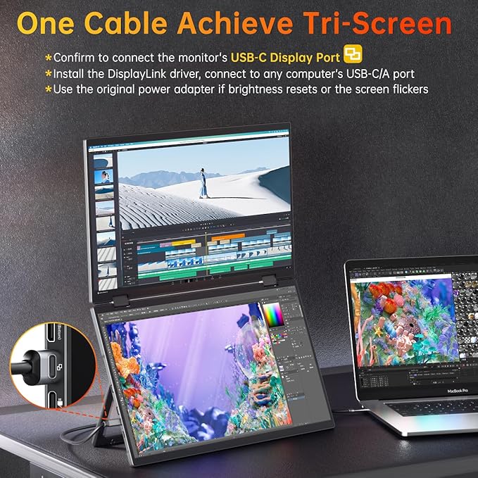 VisionOwl Portable Monitor Dual 15.6 Inch 1080P FHD 107% sRGB Foldable Second Screen, USB-C HDMI HDR Stacked Travel Monitor for Laptop MacBook PC PS5 Xbox, VESA Mountable, with Adjustable Kickstand