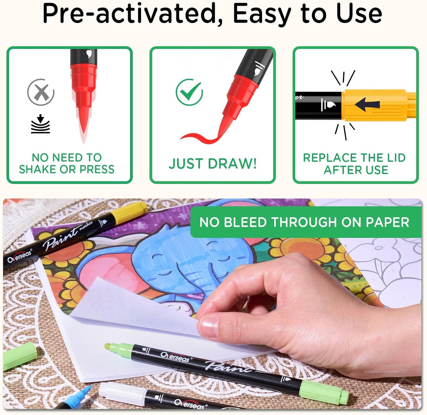 Overseas Black Acrylic Paint Markers, 6 Pack Dual Tip Paint Pens Acrylic Markers - Dot and Brush Tip Coloring Marker for Wood, Rock, Canvas, Glass, Metal, Plastic, Rubber, Fabric, School Supplies