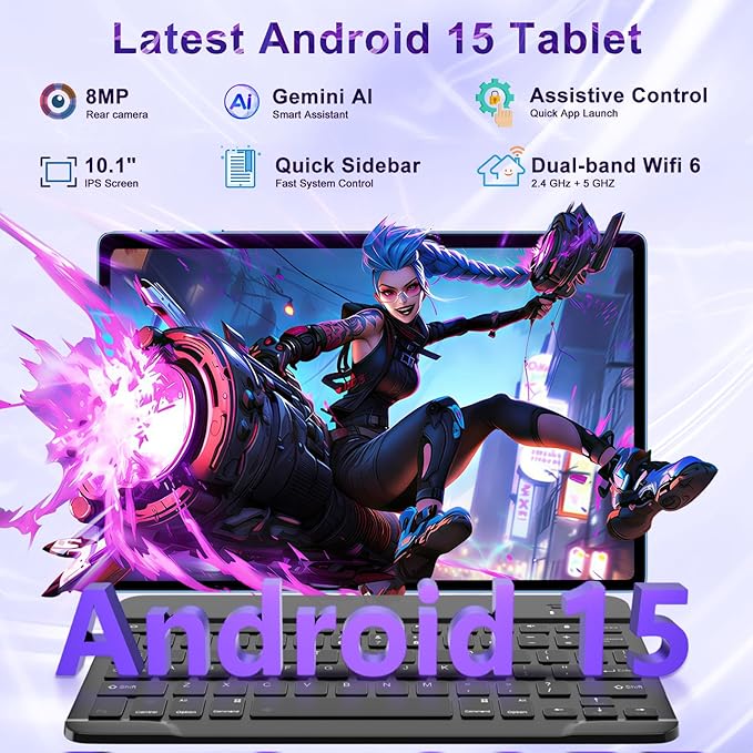10 Inch Tablet Android 15 Tablets with Keyboard, 30GB 64GB 1TB Expand Tab PC with 2.0GHz Octa-Core, 8MP Camera, 6000mAh, GMS, WiFi 6, BT 5.0, FHD Display, Widevine L1, Gemini AI (Blue)
