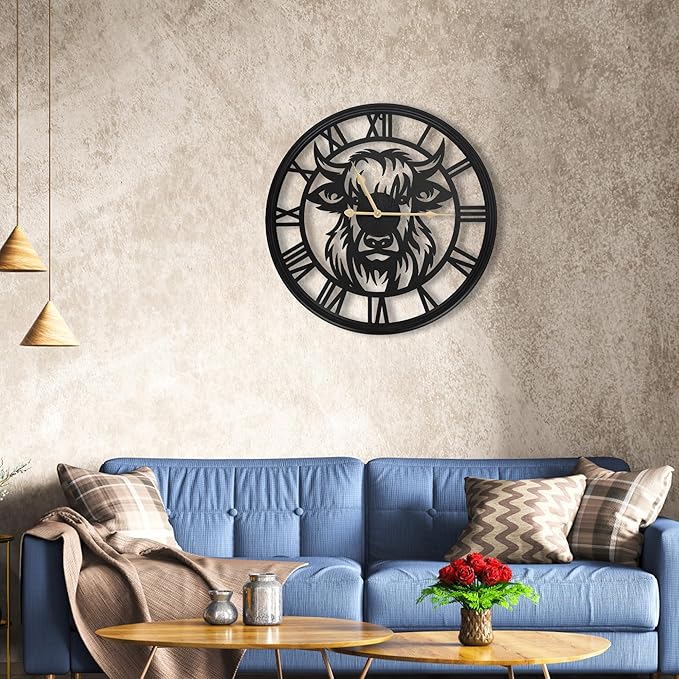 20inch Large Wall Clocks for Living Room Decor,Farmhouse Black Metal Decorative Wall Clock,Wall Clocks Battery Operated for Bedroom,Kitchen(Highland Bull Wall Clock, 20 Inch)