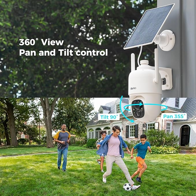 Sovmiku CQ1 AI 2K Solar Security Camera Wireless Outdoor, Battery Powered Cam, Two-Way Audio,PIR Motion Detection, Easy to Setup, Pan/Tilt 360° View,Color Night Vision,Audible Flashlight Siren,SD Slot