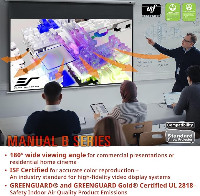 Elite Screens Manual B, 135-INCH Manual Pull Down Projector Screen 16:9 Diag 4K 8K 3D Ultra HDR HD Ready Home Theater Movie Office Presentation Projection Screen, M135H