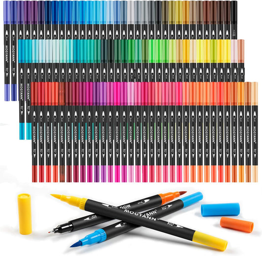 Mogyann Markers for Adult 100 Colors Dual Tip Pens with Fine and Brush Tip for Coloring and Calligraphy Drawing
