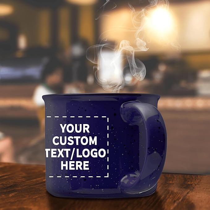 DISCOUNT PROMOS Custom Ceramic Campfire Coffee Mugs 13 oz. Set of 50, Personalized Bulk Pack - Perfect for Tea, Espresso, Cappuccino, Hot Cocoa - Blue