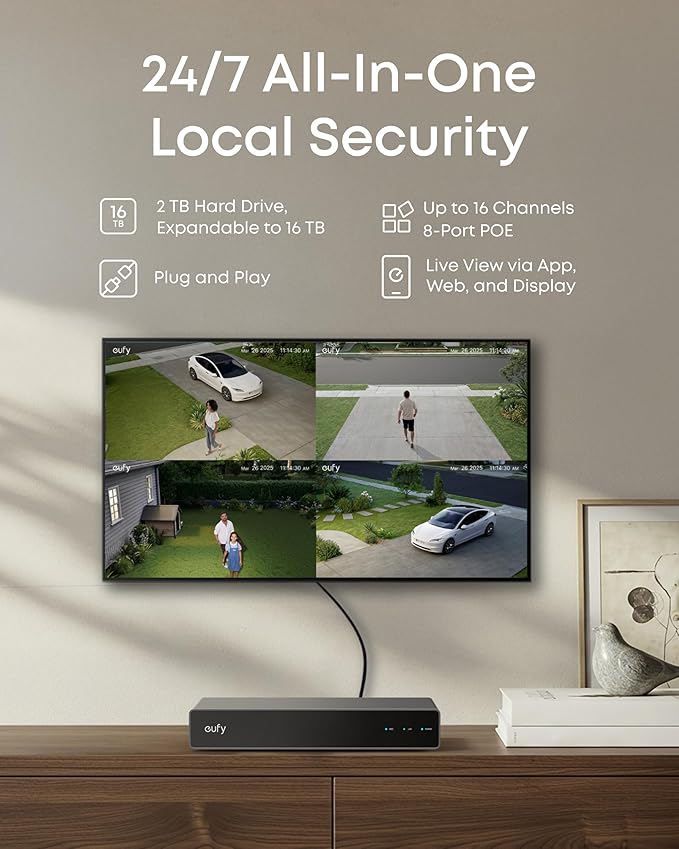 eufy PoE NVR Security System E40,24/7 Recording,Up to 16CH, 2TB HDD, 8 4K Bullet Cams, Wired Outdoor Cam, 4K UHD, 122° FOV, Color Night Vision,AI Detection, Red and Blue Strobe