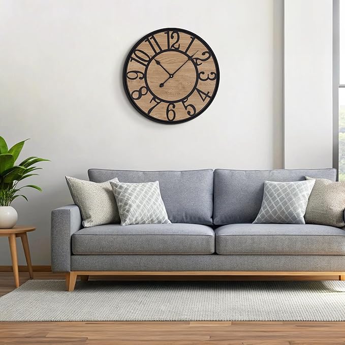 Maxstar Large Wall Clock for Living Room,Metal & Wood Silent Rustic Farmhouse with Arabic Numeral, Battery Operated Wall Clocks Decorative for Bedroom Office Home Decor 32inch Black