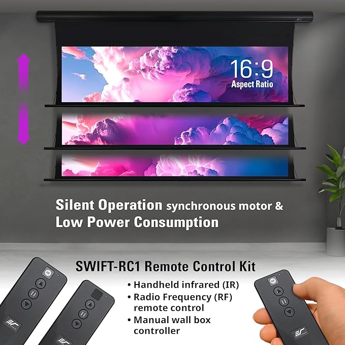 Elite Screens Saker Tab-Tension AcousticPro UHD Series, 150-INCH Diagonal 16:9, 4K/8K Ultra HD Electric Sound Transparent Perforated Weave Drop Down Front Projector Screen, SKT150UH2-E12-AUHD