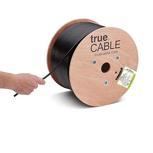 trueCABLE Cat5e Outdoor, Shielded F/UTP, 1000ft, UV Resistant, CMX Rated, Black, 24AWG Solid Bare Copper, 350MHz, PoE++ (4PPoE), ETL Listed, Bulk Ethernet Cable