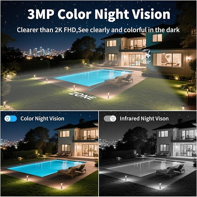 Solar Wireless Security Camera 3MP 360° View Solar Battery Powered WiFi Camera AI Motion Detection/2-Way Talk/Spotlight/Siren/IP65/Cloud/Up to 512G SD Storage( About 180 Days Storage SD Card Included)
