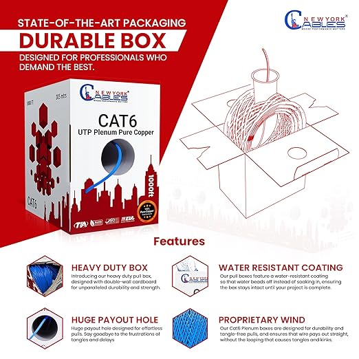 NewYork Cables CAT6 Plenum Cable 1000ft | 100% Pure Copper, UTP, 550MHz, 23AWG, 4Pair 10GB Ethernet Cable, Certified CMP-Rated Bulk Cat 6 for Networking & Gaming (1000ft, Pure Copper,White)