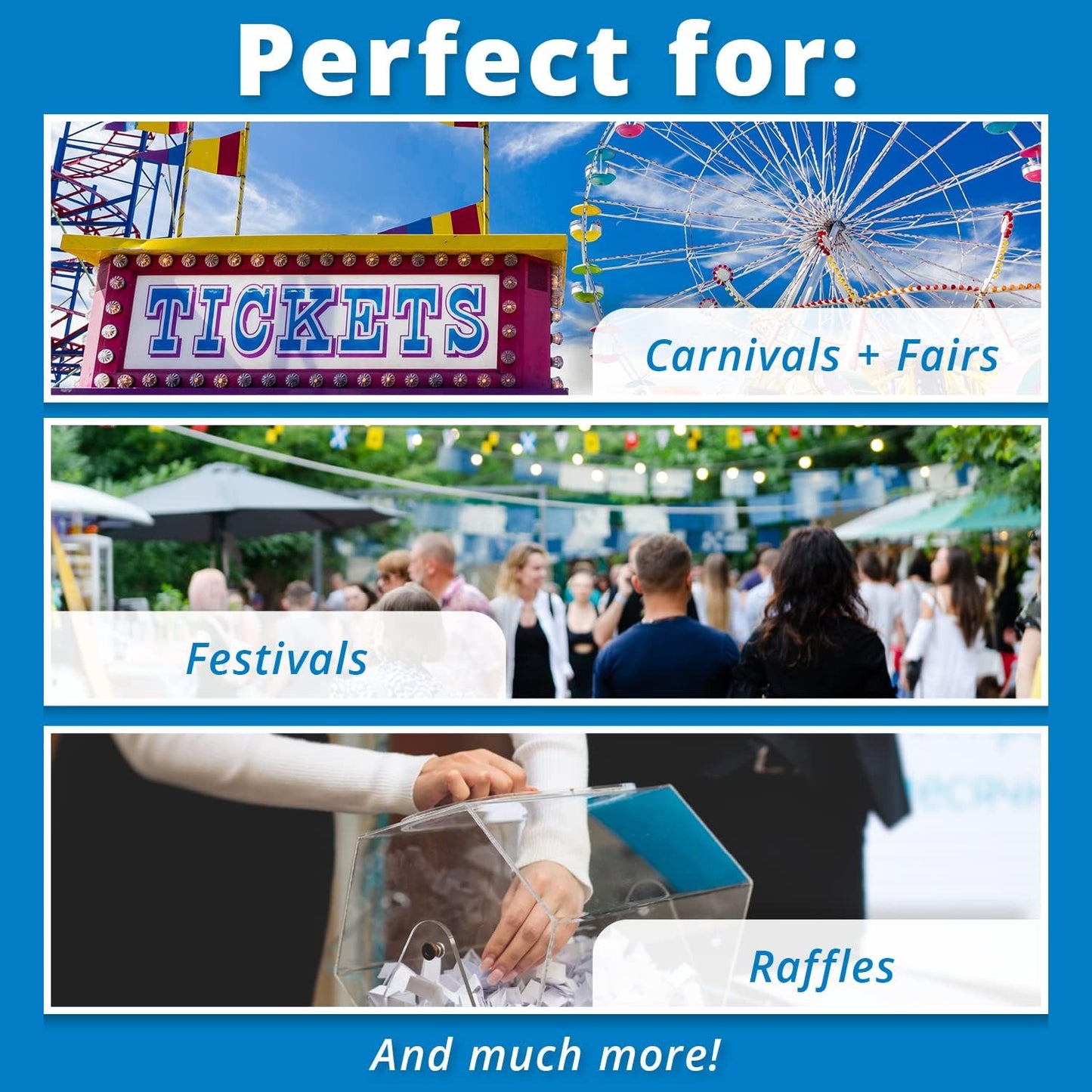 INDIANA TICKET CO. Double Roll Raffle Tickets – 1,000 Blue, Events, Fundraiser, Carnival, Fair, Door Prize, Drink/Food Tickets, Classroom Reward, Bingo, Auction, 50/50 Cash Draw. (8 Color Selection)