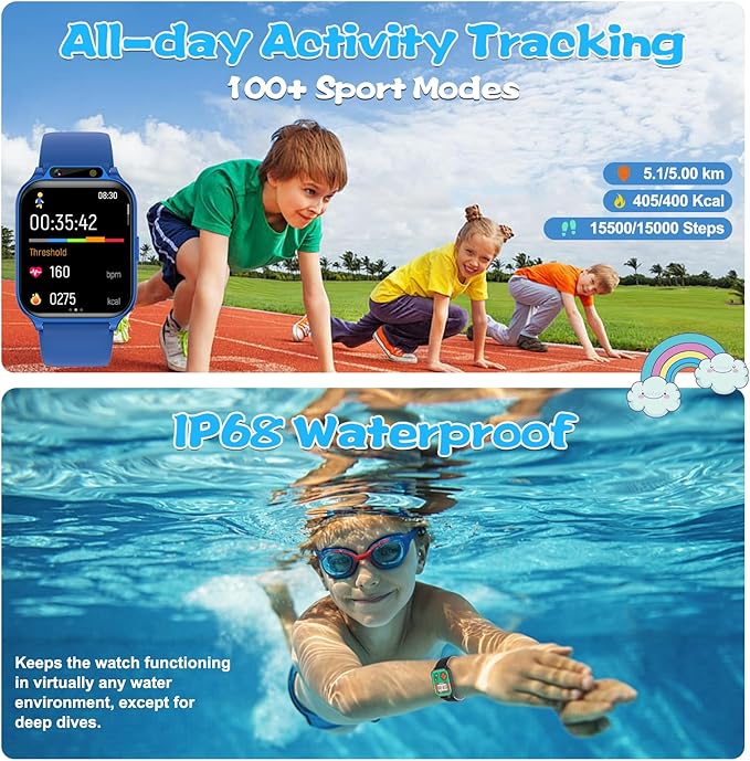 Smart Watch for Kids, 1.85" Fitness Tracker with Heart Rate, Sleep Monitor, IP68 Waterproof Smartwatches with Video Music, Pedometer, Game, NO APP/Phone, Gift for Boys Girls. (Classic, Blue)