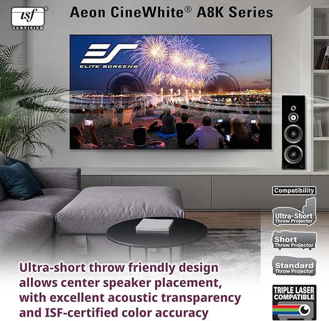 Elite Screens Aeon CineWhite A8K, 135" Diag, 16:9 Aspect Ratio, ISF Certified 8K Ultra HD Home Theater Fixed Frame Edge Free Projection Sound Transparent Perforated Weaved Screen, AR135H-A8K