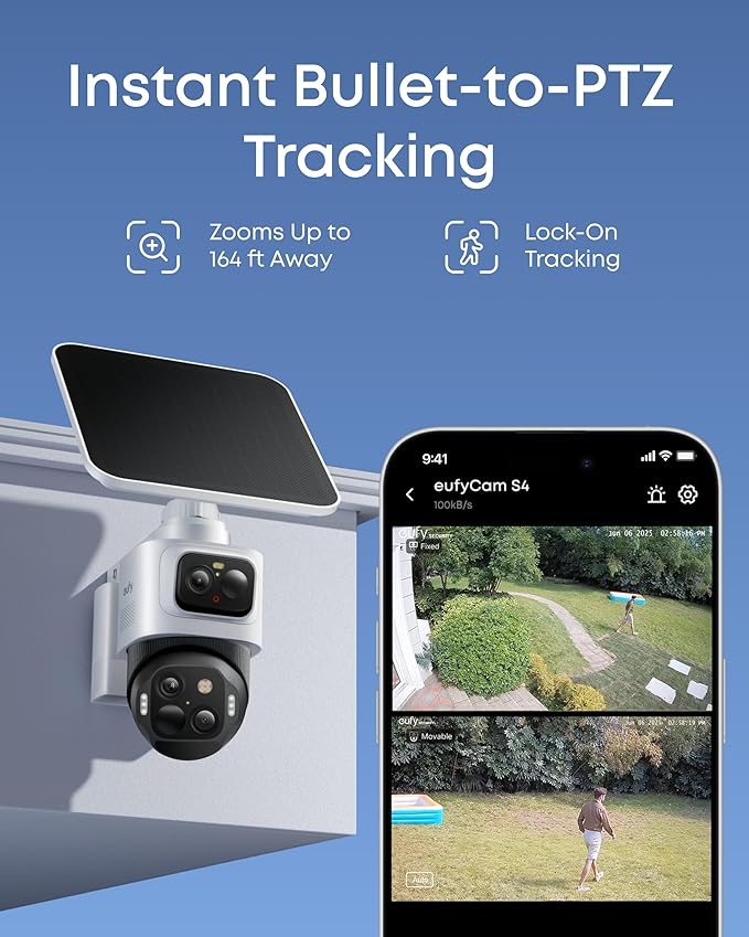 eufy Security eufyCam S4, Solar Security Camera Wireless Outdoor, Triple Lens Bullet-PTZ Cam, 4K UHD, 360° Pan and Tilt, Auto Track, 8× Hybrid Zoom, Color Night Vision, HomeBase S380 Compatible
