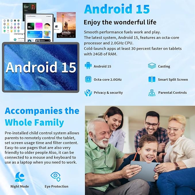 2026 Upgraded Android 15 Tablet, 11 inch Tablets with Keyboard, 24GB+128GB+2TB Expand, Octa-Core, 8000mAh, Gemini AI, 5G/2.4G WiFi, BT5.0, GMS, GPS, 2 in 1 Tablets with Case, Mouse, Stylus(Silver)