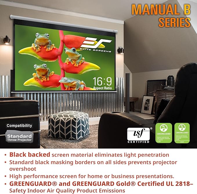 Elite Screens Manual B, 80-INCH Manual Pull Down Projector Screen 4K/8K Home Theater Movie Gaming Projection Screen, M80H