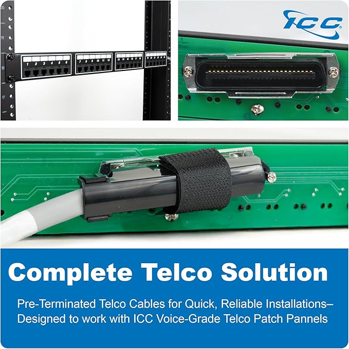ICC Male to Male 25 Pair Telco Cable 10ft - Cat3 24AWG, 100% Solid Pure Copper, Gray Riser CMR Cable with 90 Degree 50 Pin Telco Connector for Voice and Low Data PBX Applications, 10 Feet