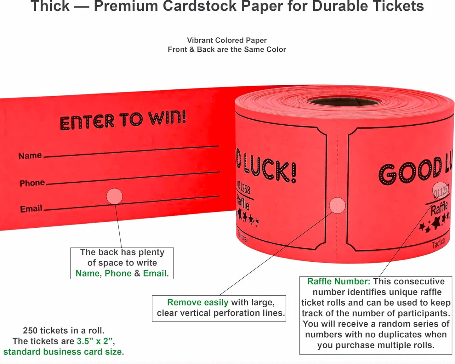 Tacticai 250 Raffle Tickets, Red (1 of 8 Colors), Raffle Cards, Entry Form with Name, Phone & Email for Events, Fundraiser & Prizes