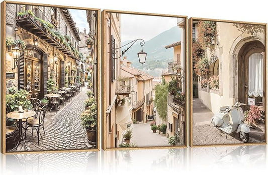 HPINUB Foreign Scenery Framed Canvas Wall Art Set,Vintage Travel City Wall Decor,Modern Minimalist Europe Street Picture Artwork Nature Landscape Art Print for Living Room,Bedroom-16 x24 x3