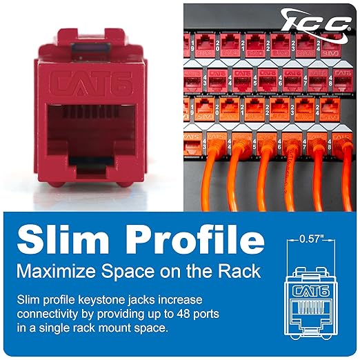 ICC CAT6 Keystone Jack with Slim Profile 180 Degree Punch Down, RJ45 UL Listed PoE++ TAA Compliant for Wall Plate or Patch Panel, Works with JackEasy Termination Tool, Ivory 25 Pack