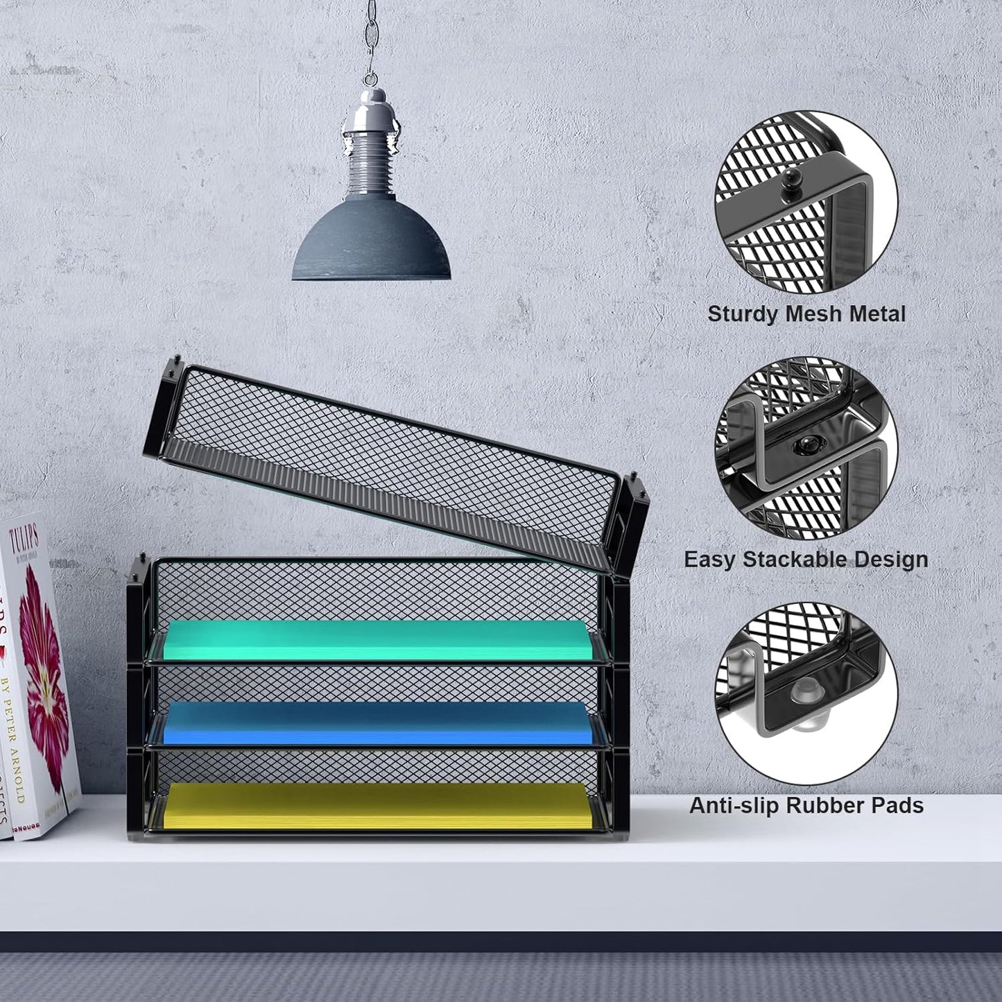 Samstar 4 Pack Stackable Letter Paper Tray, Desk File Organizer Paper Sorter for Letter/A4 Size Folders Documents, Mesh Made